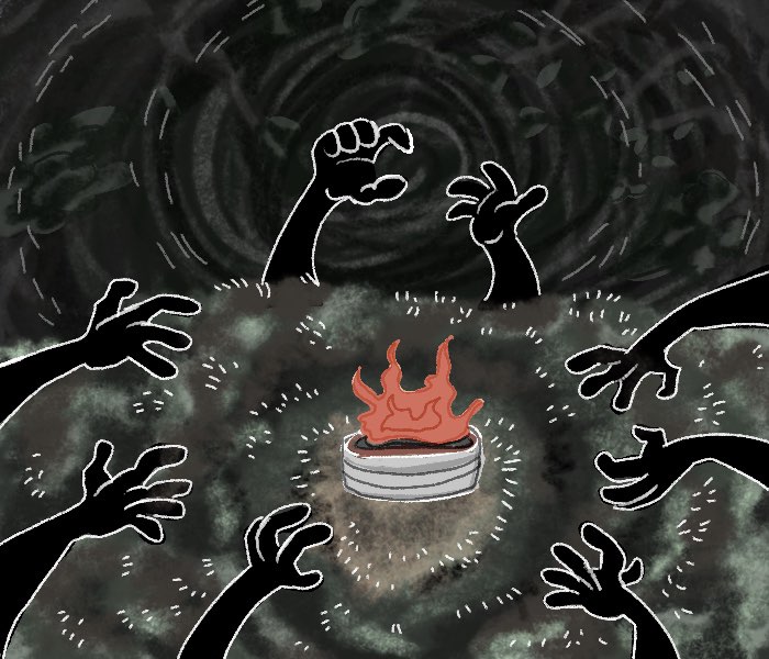 A rough illustration of a campfire surrounding by obscured darkness. Hands reach towards it from all sides.