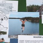 A photo collage of a canoe, maps of a campground, and a woman jumping off a cliff in Nopiming Provincial Park.