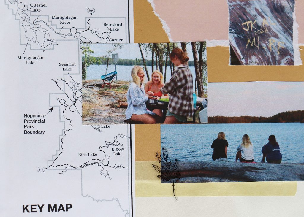 A photo collage of women at a campsite in Nopiming Provincial Park.