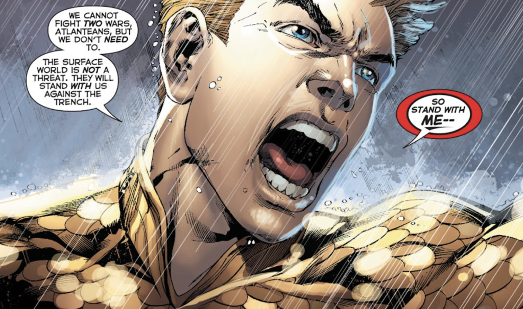 Comic book panel of Aquaman calling out to his forces in Justice League #17.