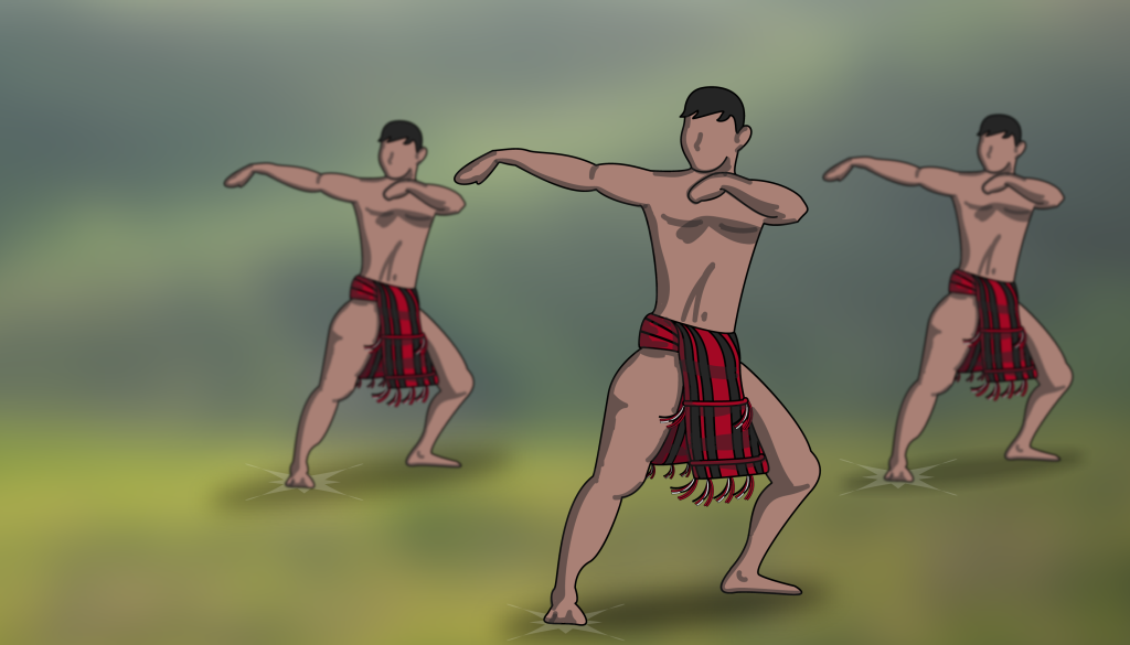 Illustration of Lumagen. Three male dancers stomp on the ground, shift their weight on their left leg, and raise their hands to the left at chest level.