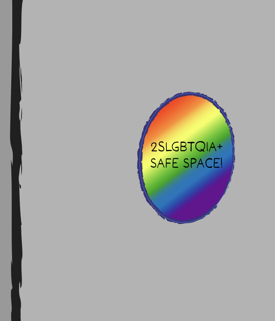 Close-up of an animated graphic of a sticker that says "2SLGBTQIA+ SAFE SPACE!" against a grey wall.